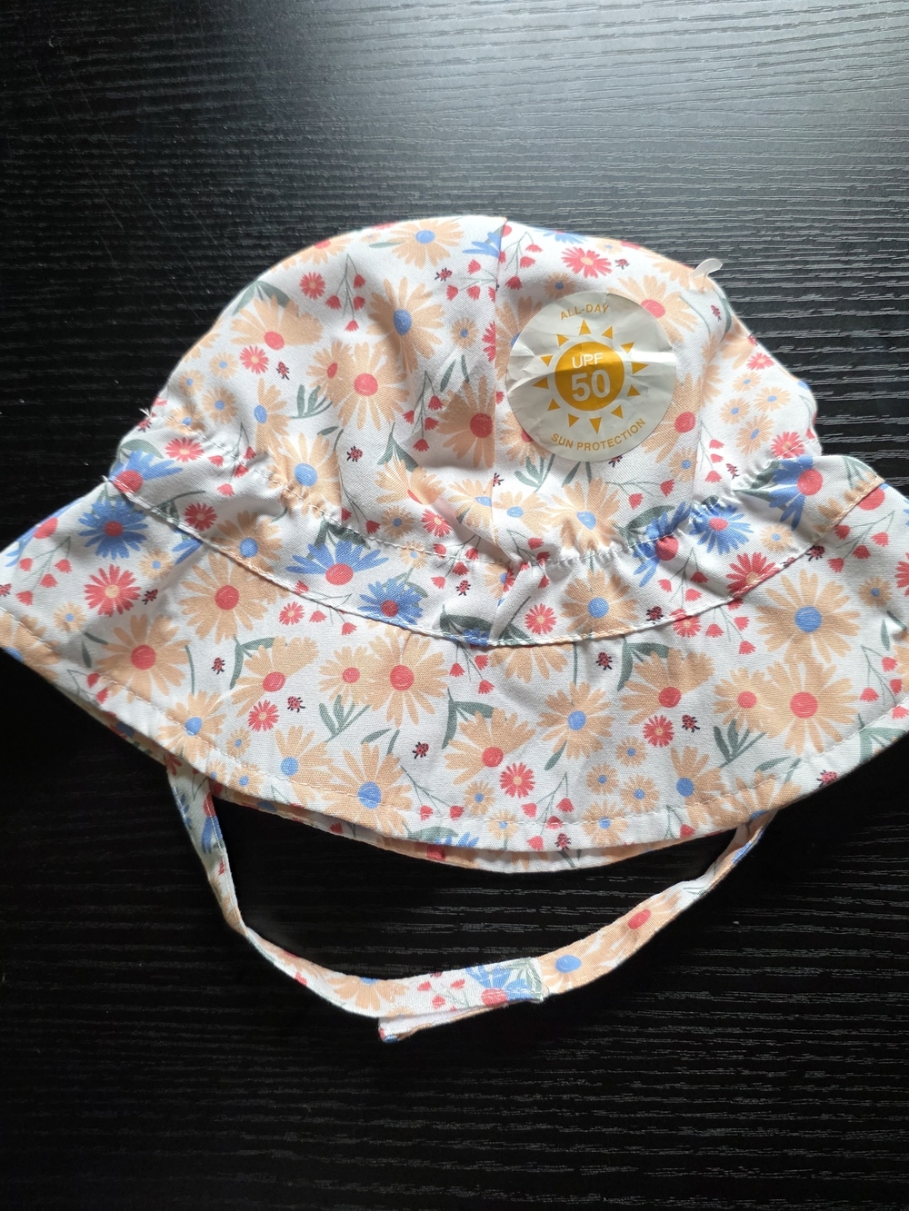 Girls Floral Bucket Sun Hat with Chin Strap - Peach Pink & Blue 12/18 months